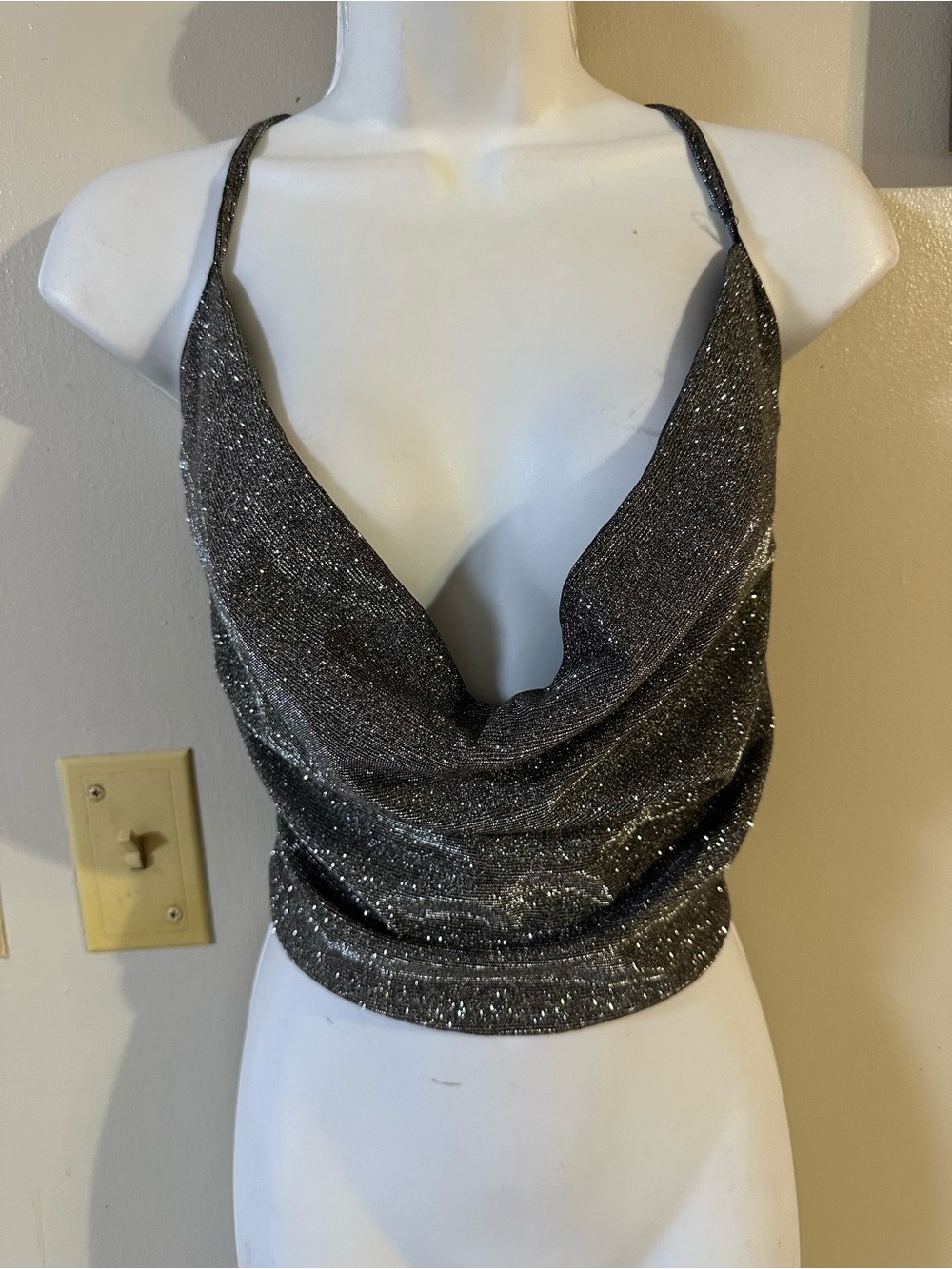 Sparkle Cowl Neck Crop Top - Silver